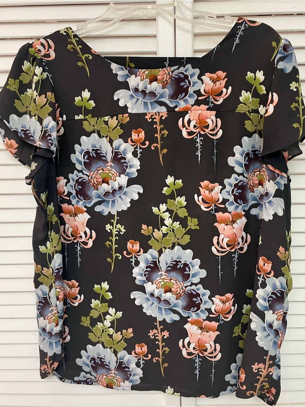 LOFT Black Floral Ruffle Sleeve Blouse - Pink, Blue & Green